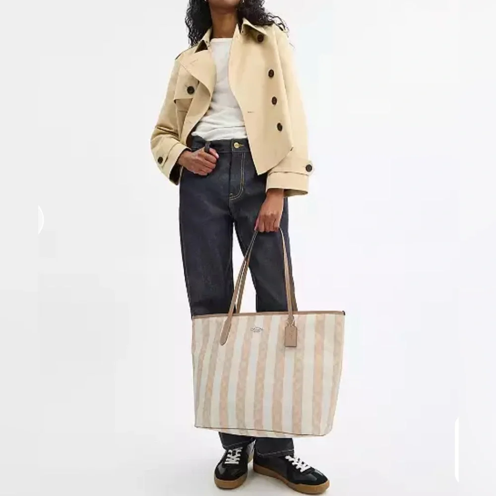 Coach Large City Tote Bag In Signature Canvas With Stripe Silver Sand Tan